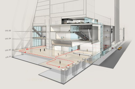 North/south section-perspective through the new gallery spaces at The Museum of Modern Art, looking east along 53 Street