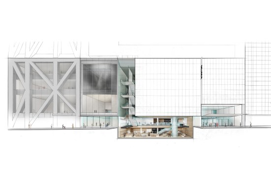 Elevation of The Museum of Modern Art on 53 Street with cutaway view below street level