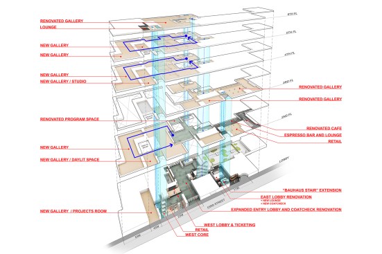 Stacked plans highlighting the new and renovated spaces at The Museum of Modern Art