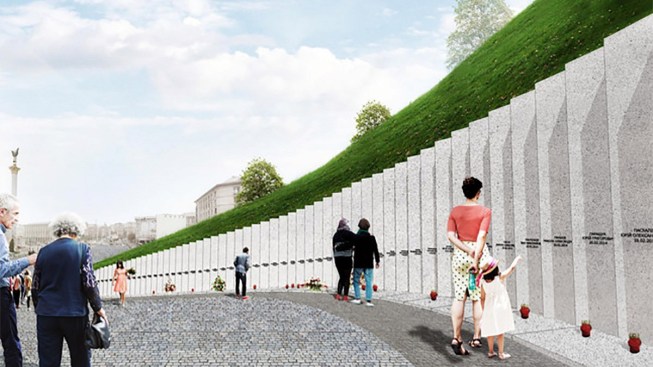 The rendering from MIstudio, the firm Volynets cofounded, for the National Memorial to the Heavenly Hundred Heroes in Kyiv, Ukraine, honoring the protesters who died in the Revolution of Dignity.