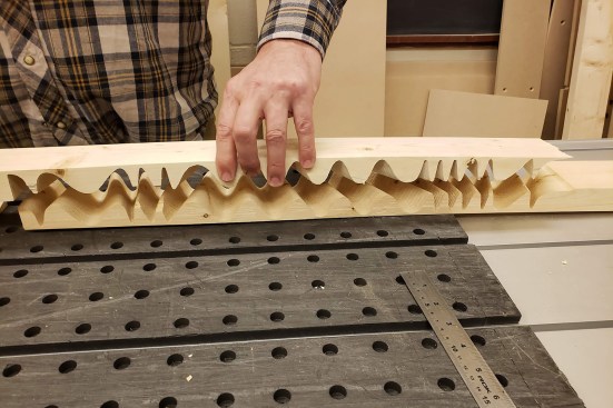 Once milled, the two unique halves are paired together. The "valleys" are flexible enough to bend and twist, while the tooth pattern registers the boards.